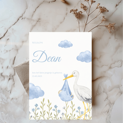 Geboortekaartje met ooievaar en bloemen in blauw - Creations and More