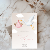 Geboortekaartje met ooievaar en beertje in roze en beige - Creations and More
