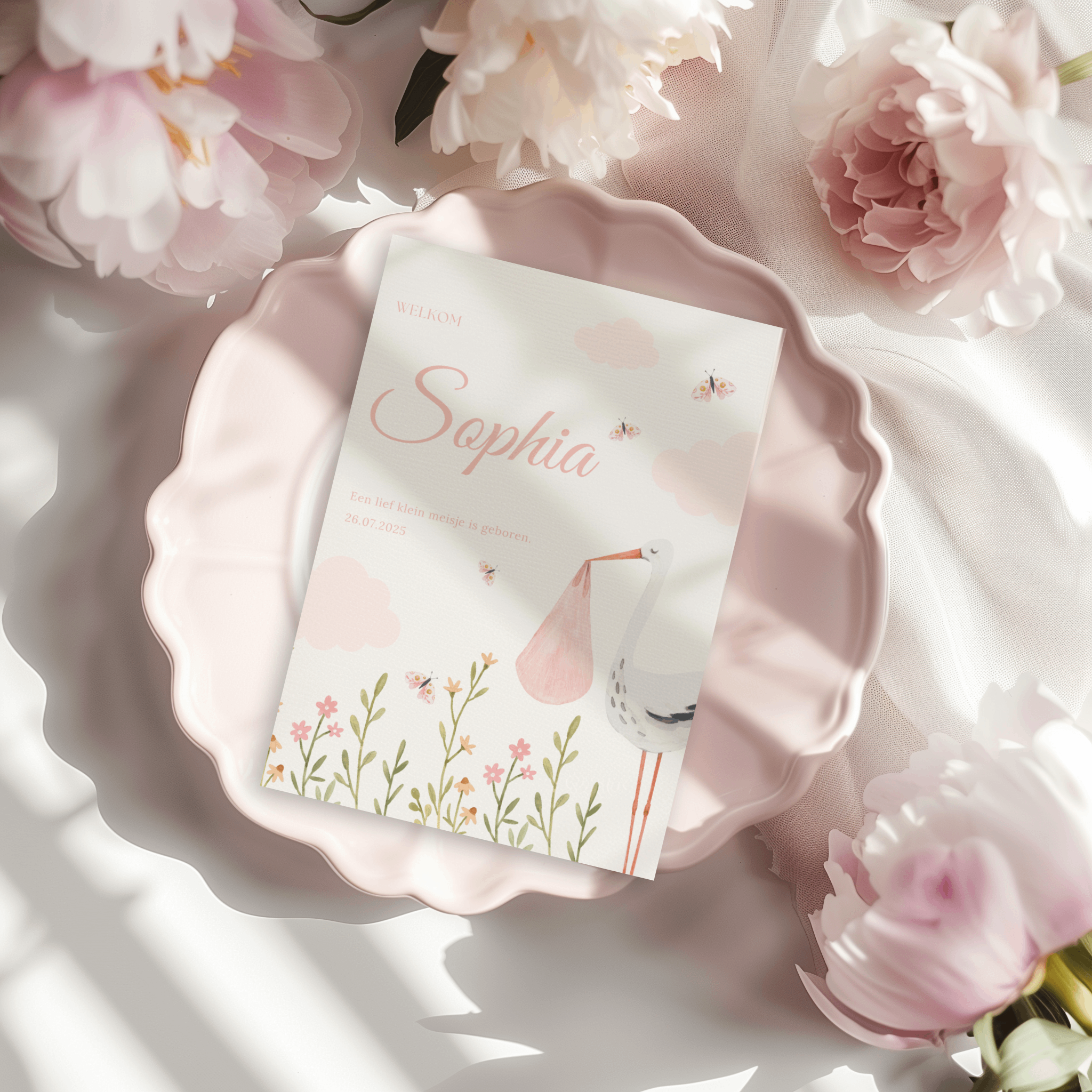Geboortekaartje met ooievaar, roze tinten en bloemen - Creations and More