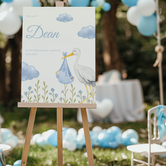 Welkomstbord geboortefeest jongen ooievaar en bloemen - Creations and More