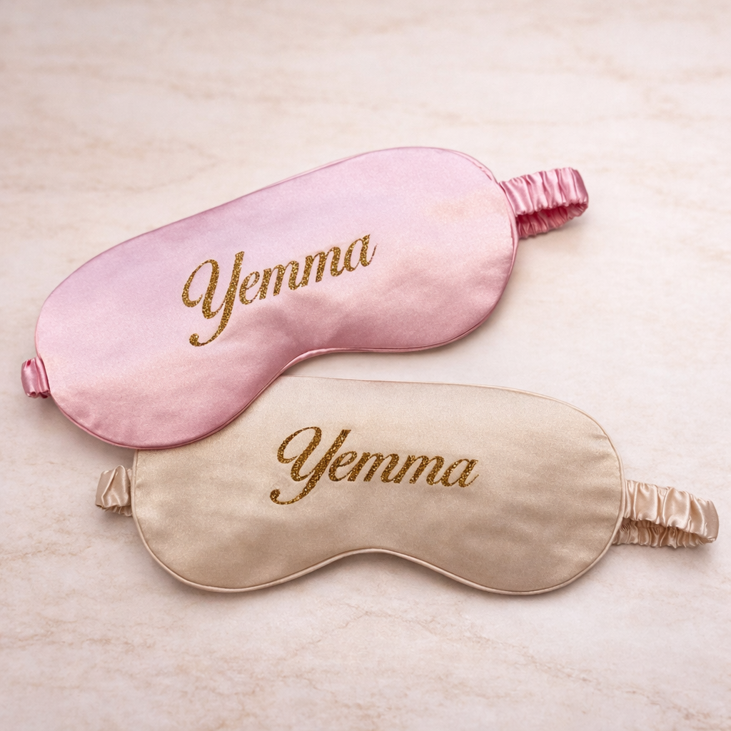Gepersonaliseerd slaapmasker met naam in roze en beige