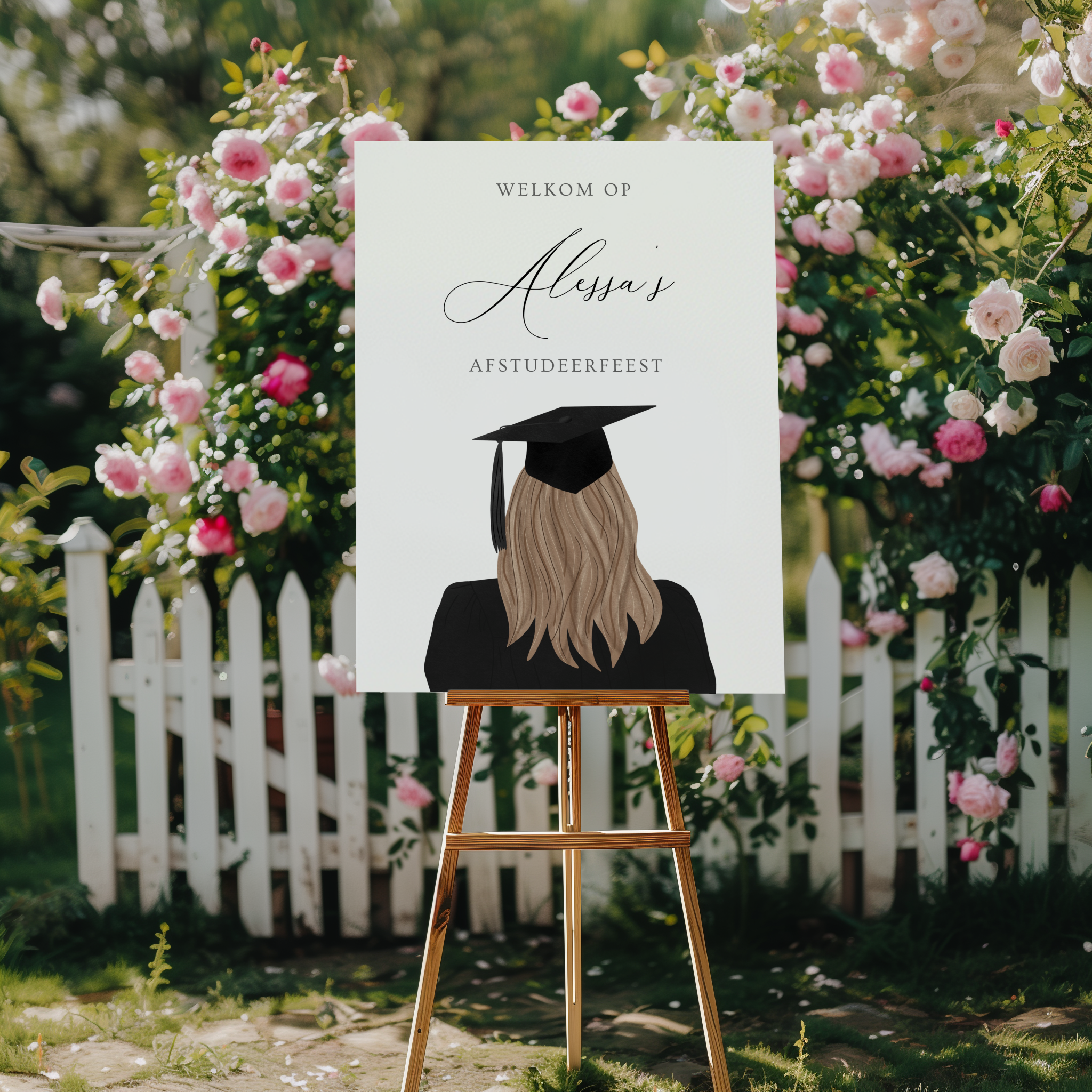 Gepersonaliseerd welkomstbord voor afstudeerfeest met illustratie van afgestudeerde