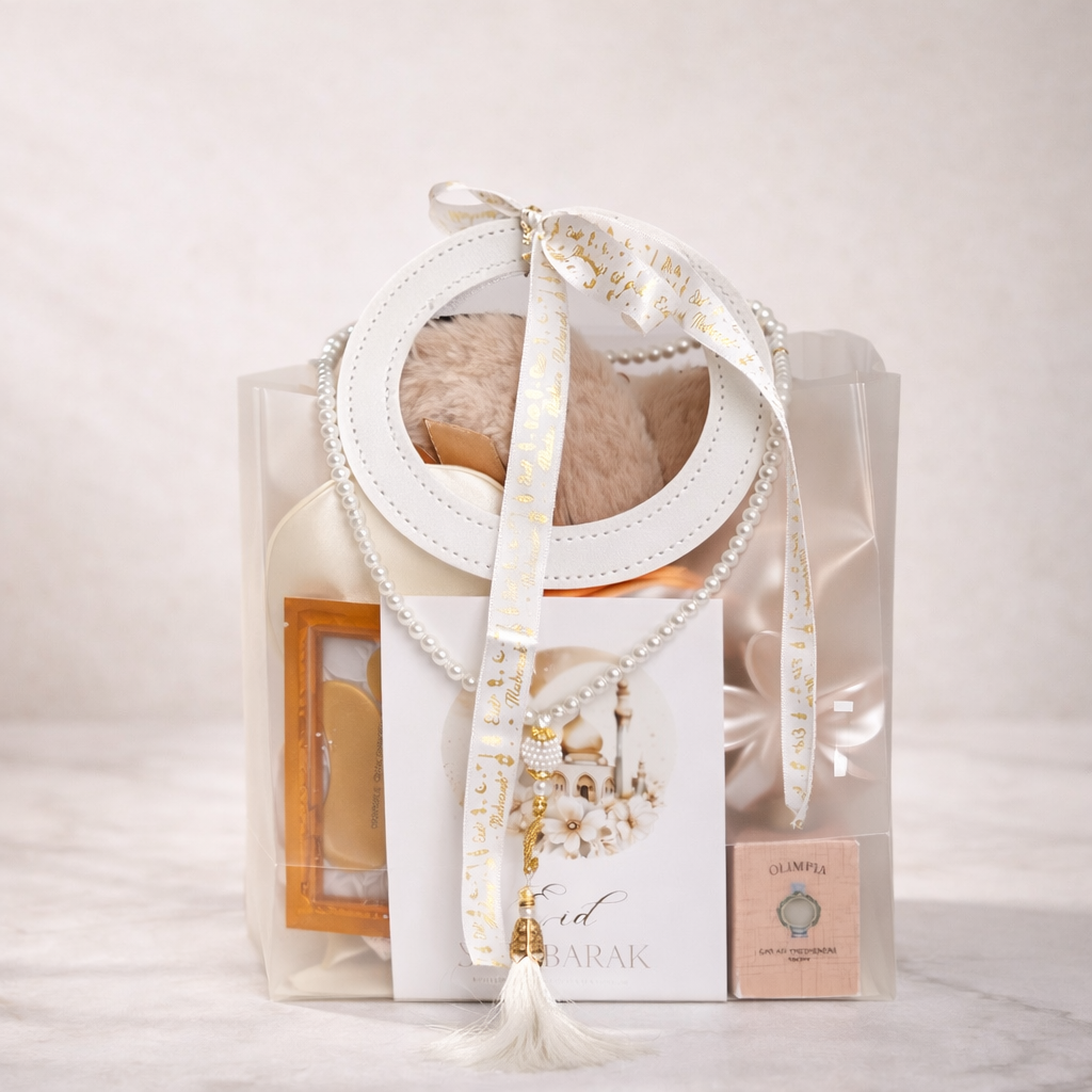 Beige giftbag luxe cadeautasje voor Eid met lint