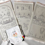 Inkleurbaar gebedskleed voor kinderen met moskee, vliegtuig en luchtballon ontwerp inclusief stiften en tasje