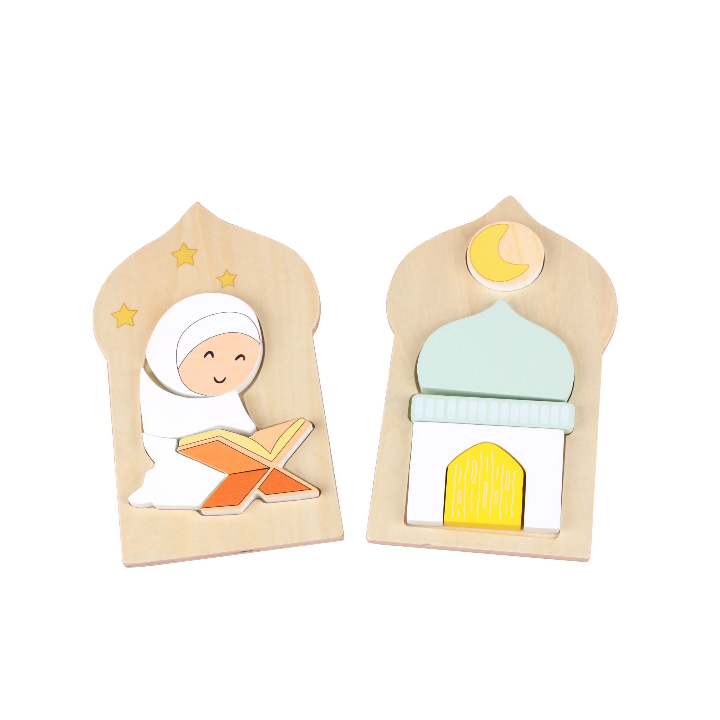 Islamitische houten puzzel met biddend kindje en moskee voor peuters
