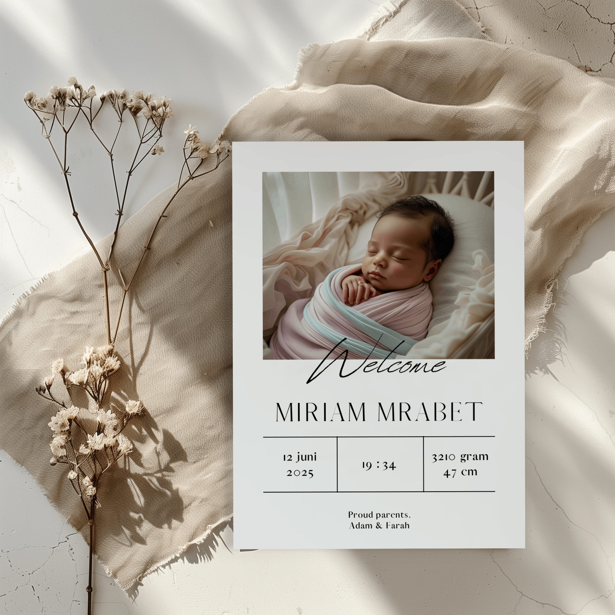 Geboortekaartje met foto in zwart-wit - Creations and More