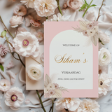 Tafelkaart verjaardag met roze boog en bloemen - Creations and More