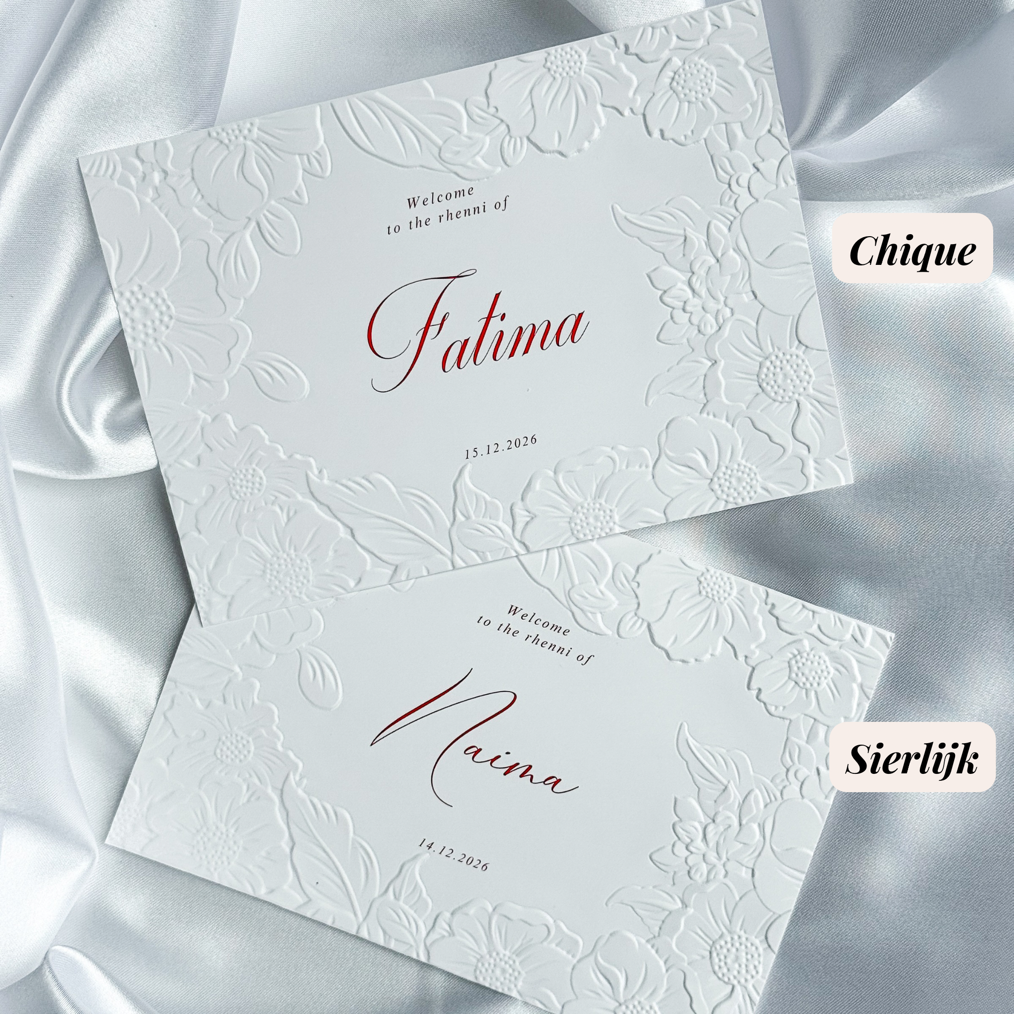 Luxe embossed tafelkaart voor henna / kına, klassiek met rode sierletters, productfoto 5 - Creations and More
