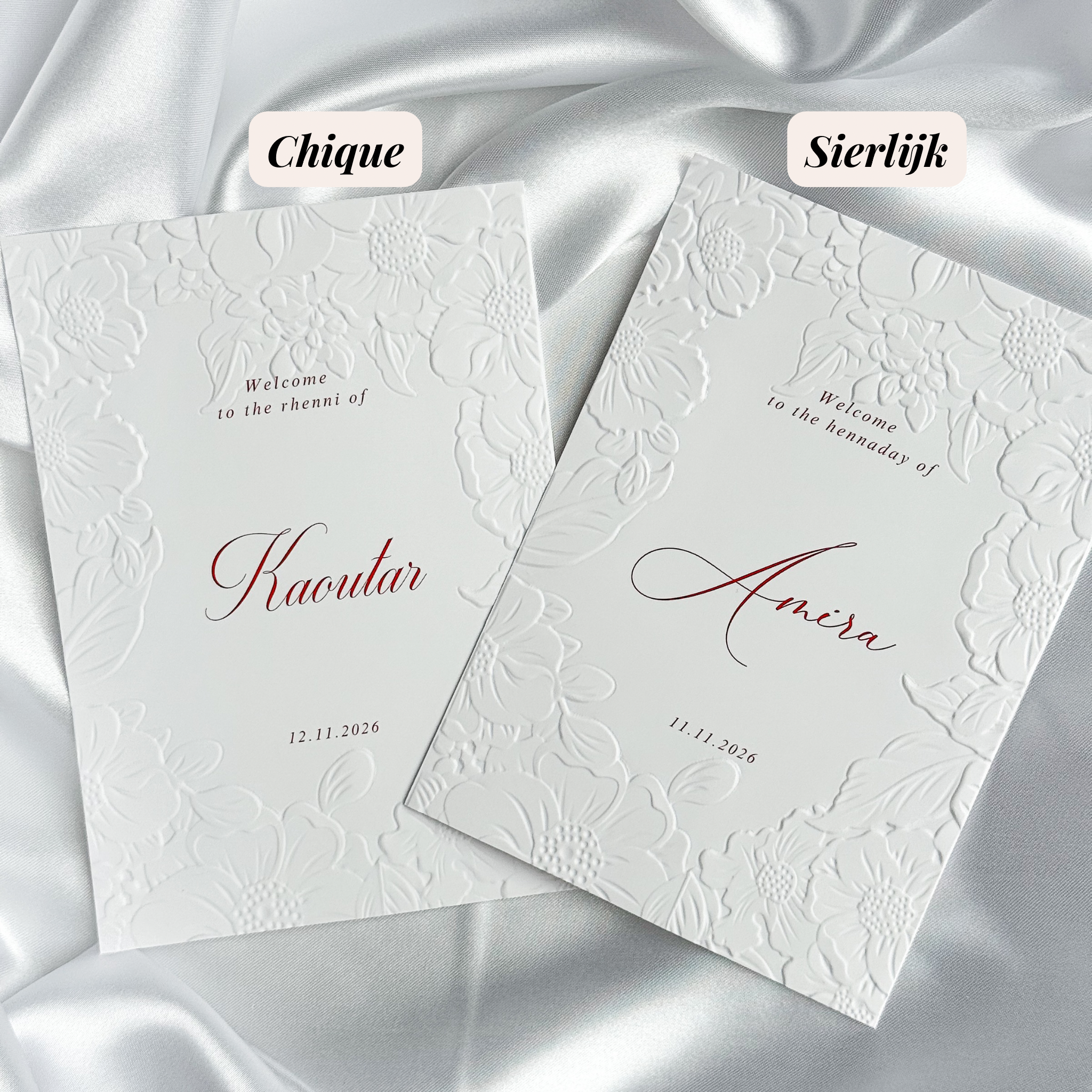 Luxe embossed tafelkaart voor henna / kına, klassiek met rode sierletters, productfoto 6 - Creations and More