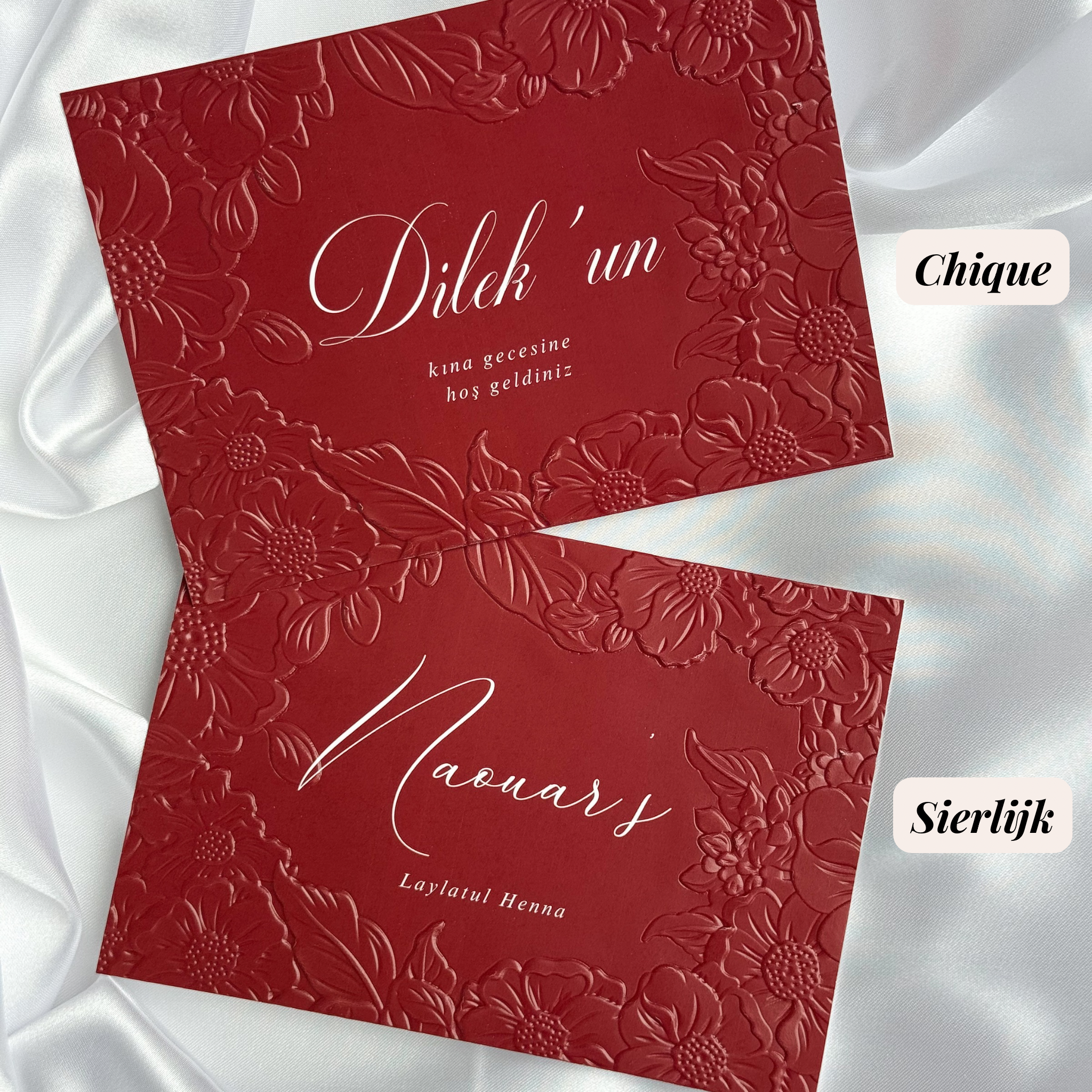 Luxe embossed tafelkaart voor henna / kına, rood met witte sierletters, productfoto 5 - Creations and More