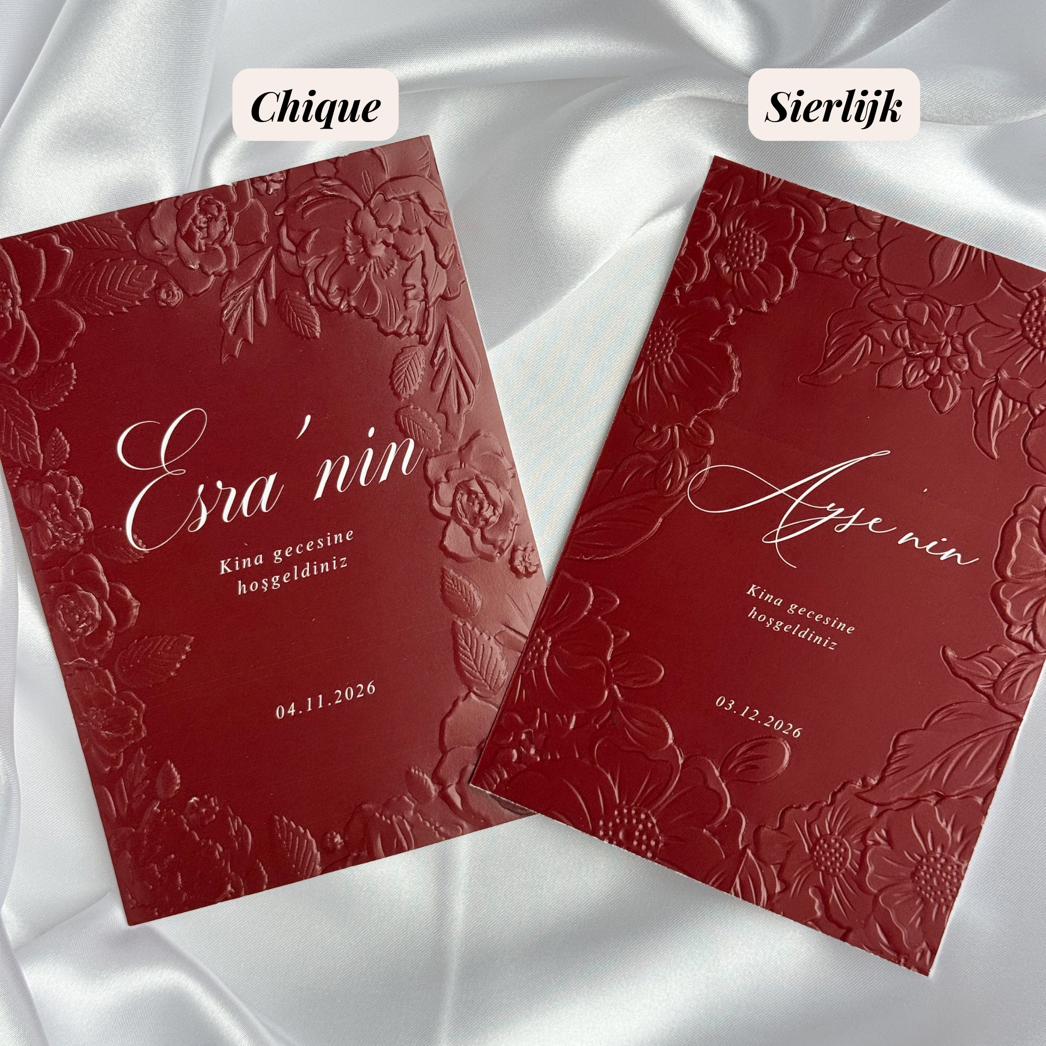 Luxe embossed tafelkaart voor henna / kına, rood met witte sierletters, productfoto 6 - Creations and More