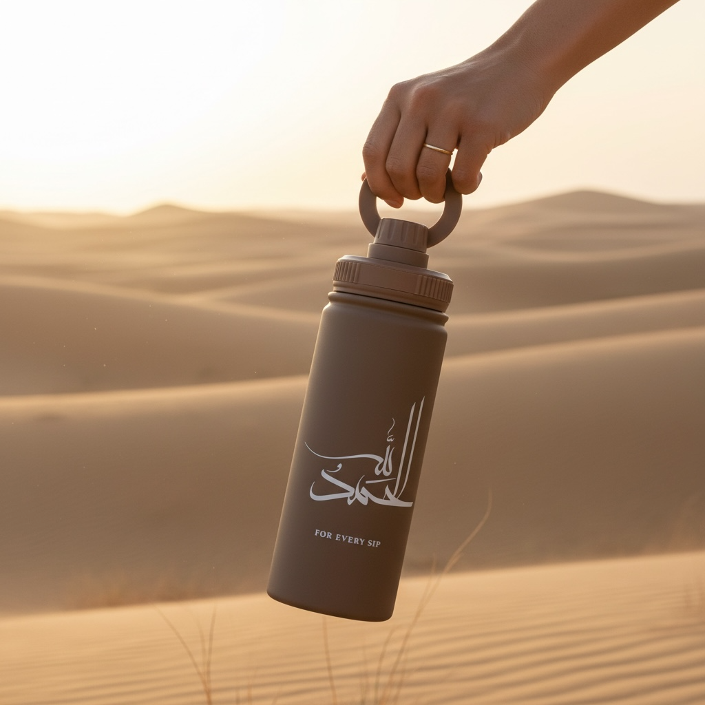 RVS drinkfles alhamdoulilaah for every sip donkerbruin met lichtbeige opdruk magnetische telefoonhouder