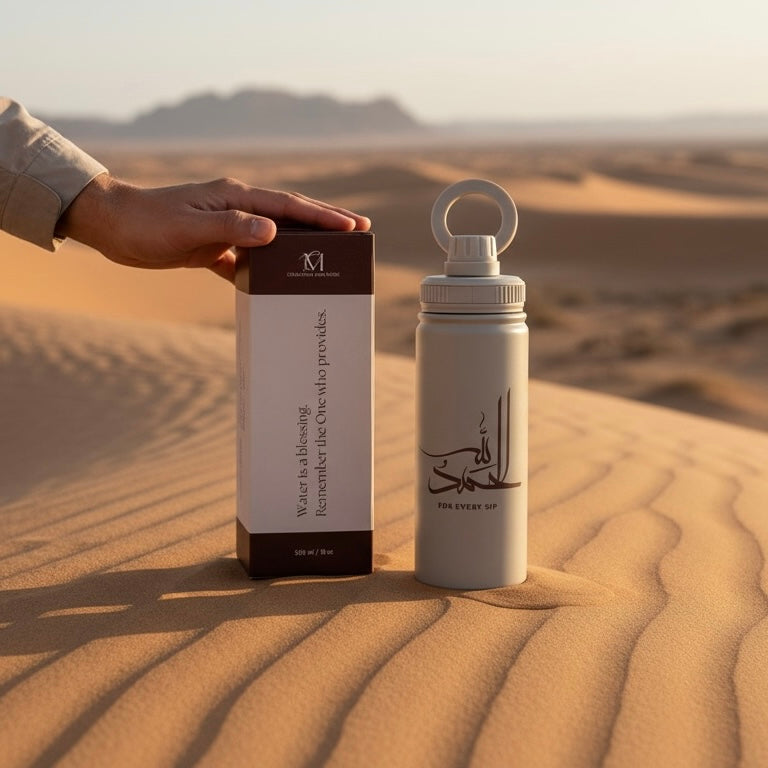 RVS drinkfles alhamdoulilaah for every sip licht taupe met donkerbruine opdruk magnetische telefoonhouder