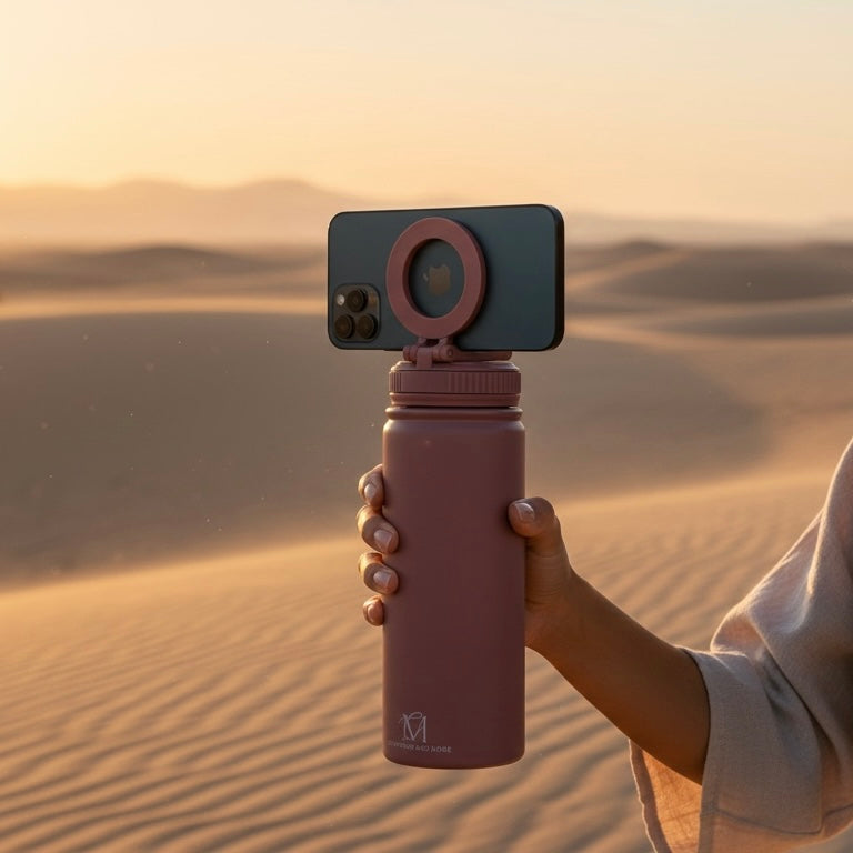 RVS drinkfles alhamdoulilaah for every sip dusty mauve met lichtroze opdruk magnetische telefoonhouder