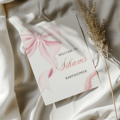 Tafelkaart babyshower met roze strik en glitters - Creations and More