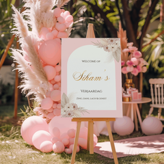Welkomstbord verjaardag roze boog met bloemen - Creations and More